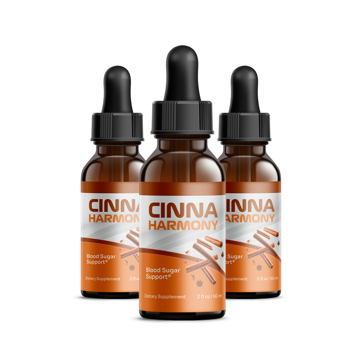 Three bottles of CinnaHarmony blood sugar support liquid-drops